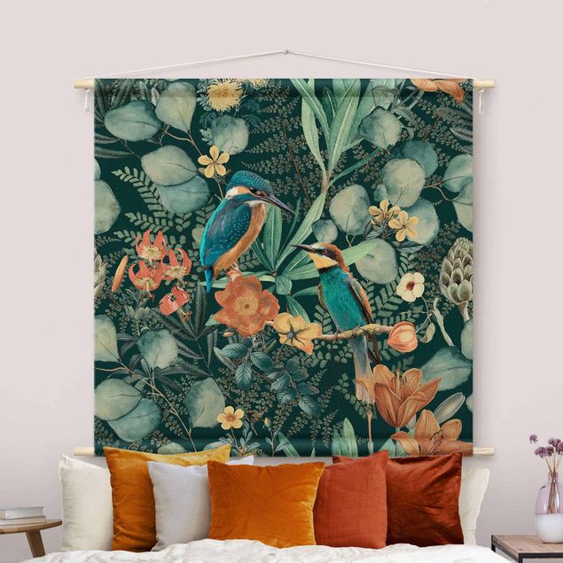 extra large tapestry wall hangings Floral Paradise Kingfisher And Hummingbird
