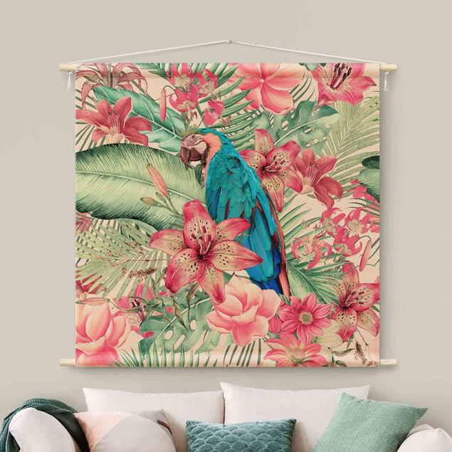 extra large tapestry Floral Paradise Tropical Parrot