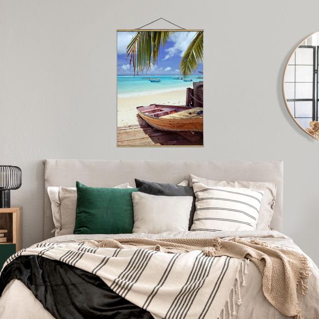 Beach canvas art Boat Beneath Palm Trees