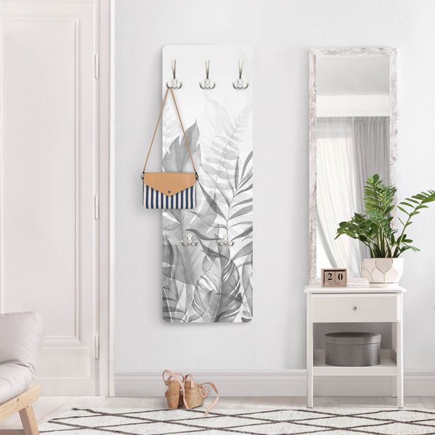 Wall mounted coat rack black and white Botany - Tropical Leaves Grey
