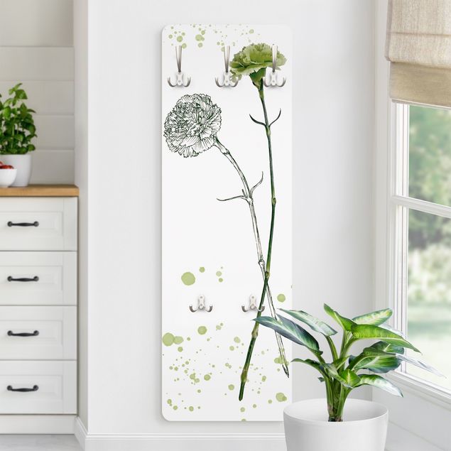 Wall mounted coat rack flower Botanical Watercolour - Carnation