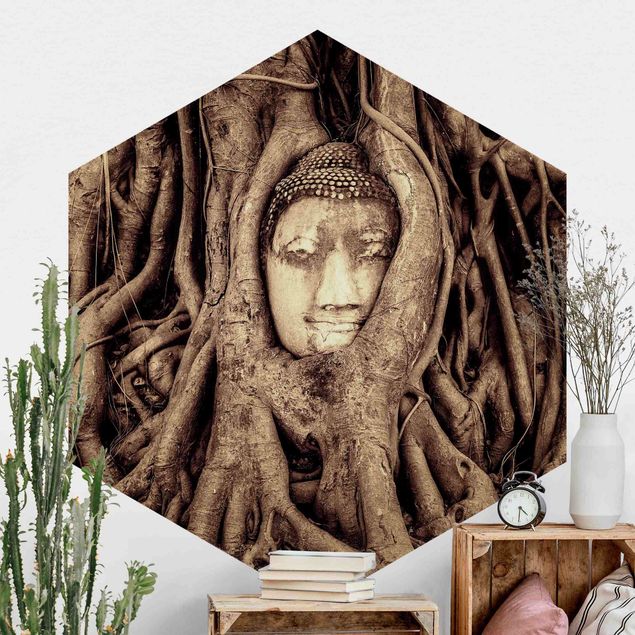 Kitchen Buddha In Ayutthaya Lined With Tree Roots In Brown