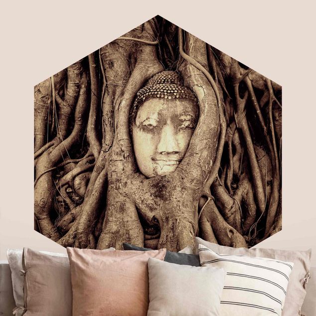 Floral wallpaper Buddha In Ayutthaya Lined With Tree Roots In Brown