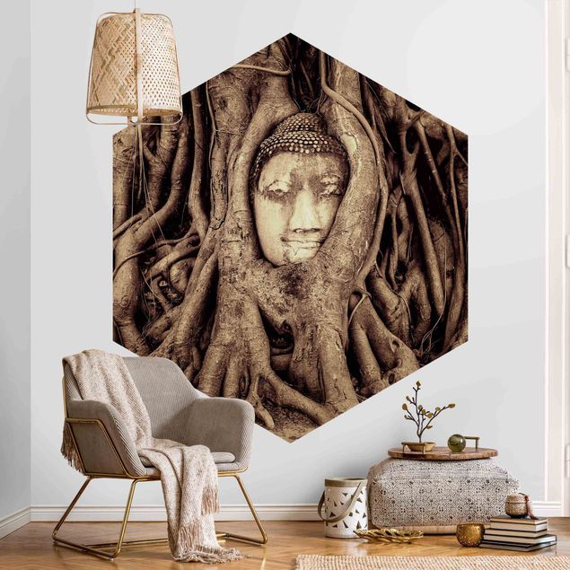 Vintage aesthetic wallpaper Buddha In Ayutthaya Lined With Tree Roots In Brown