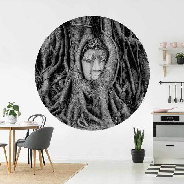 Wallpapers black and white Buddha In Ayutthaya Lined From Tree Roots In Black And White