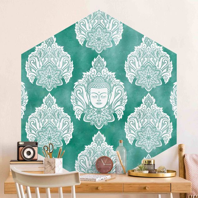 Wallpapers modern Buddha And Lotus Emerald Pattern