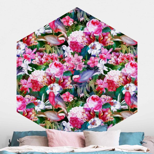 Wallpapers rose Colourful Tropical Flowers With Birds Pink