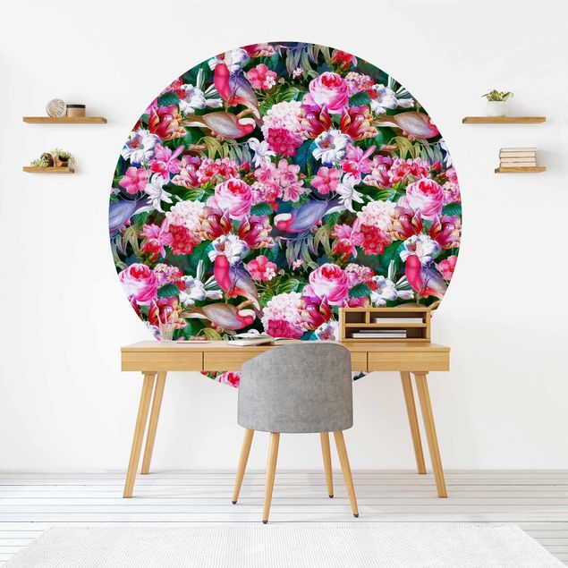 Rose flower wallpaper Colourful Tropical Flowers With Birds Pink