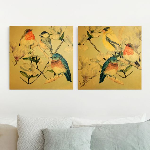 Bird canvas wall art Clolourful Birds On The Branch Of A Magnolia Set