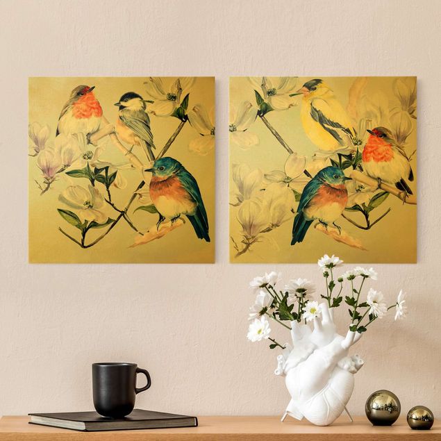 Canvas prints animals Clolourful Birds On The Branch Of A Magnolia Set