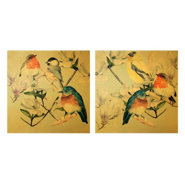 Prints multicoloured Clolourful Birds On The Branch Of A Magnolia Set