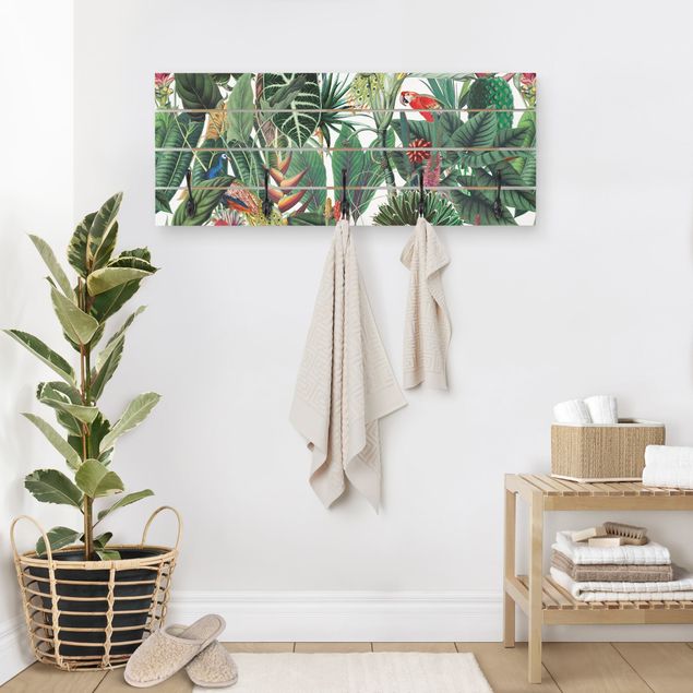 Wall mounted coat rack wood Colourful Tropical Rainforest Pattern