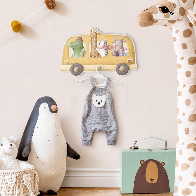 Wall mounted coat rack multicoloured Bus Filled With Animals Watercolour