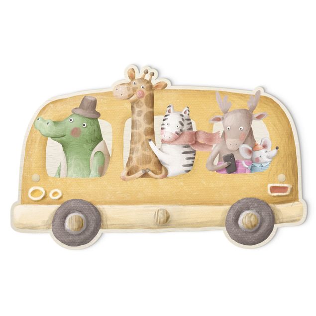 Wall coat rack Bus Filled With Animals Watercolour