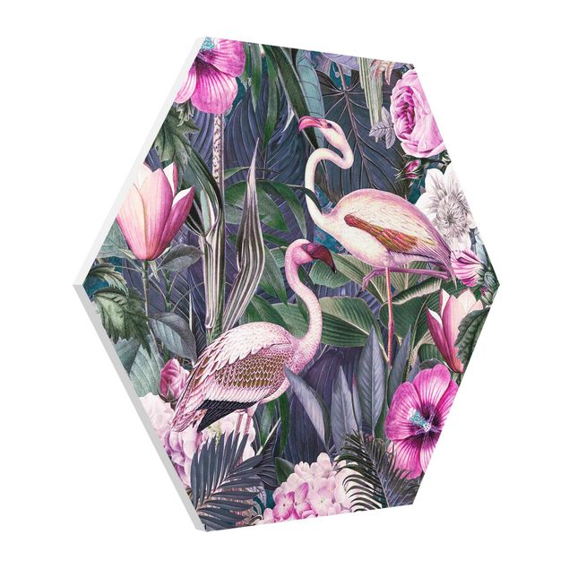 Animal wall art Colorful Collage - Pink Flamingos In The Jungle