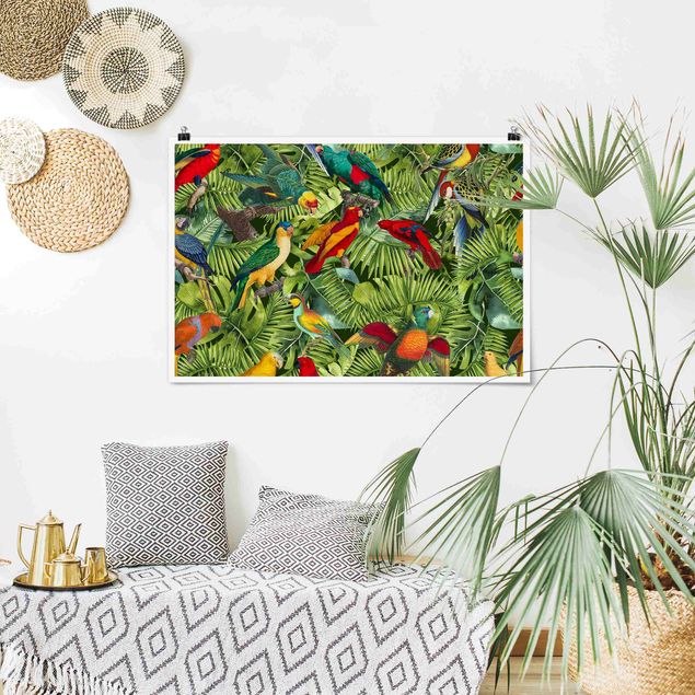Art posters Colourful Collage - Parrots In The Jungle