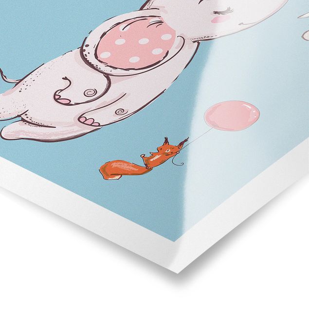 Prints Elephant, Rabbit And Squirrel Flying