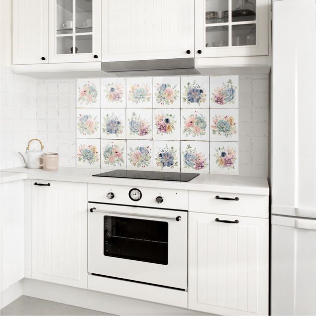 Glass splashback kitchen tiles Watercolor Flower Cottage
