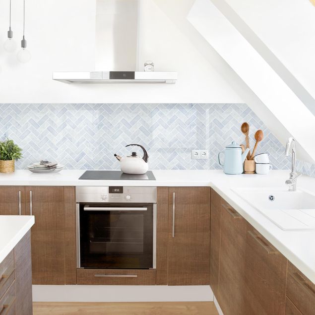 Kitchen splashback tiles Marble Fish Bone Tiles - Ice Blue