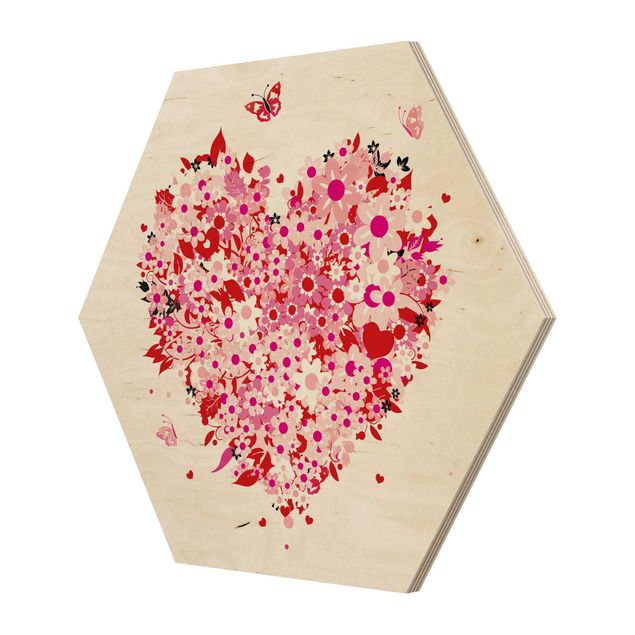 Wooden hexagon - Floral Retro Heart