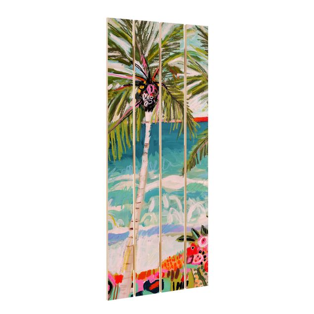 Wood prints Palm Tree With Pink Flowers I