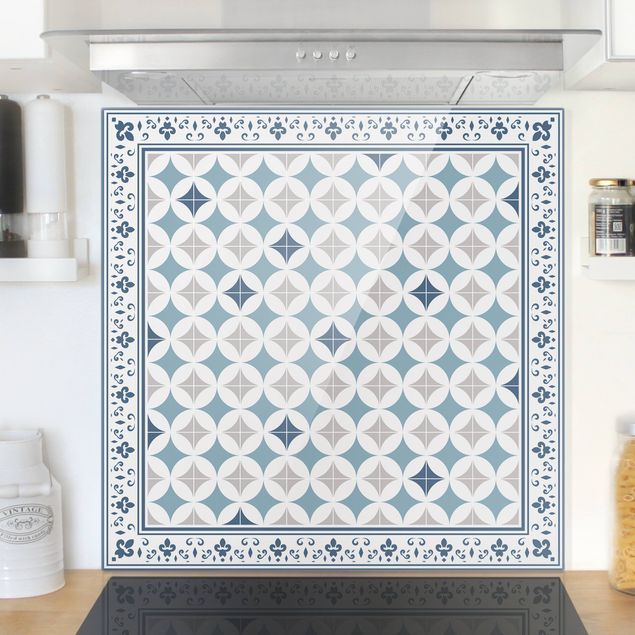 Kitchen Geometrical Tiles Circular Flowers Dark Blue With Border