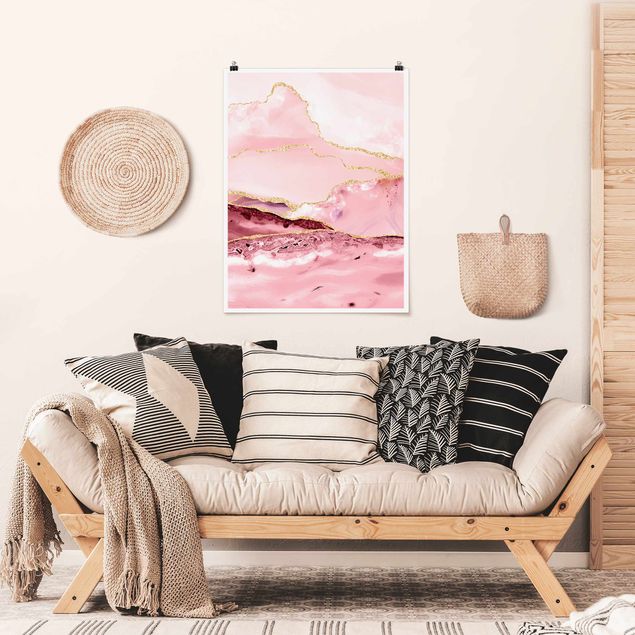 Canvas art Abstract Mountains Pink With Golden Lines