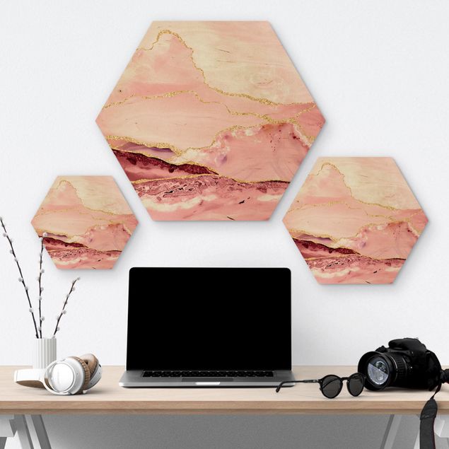 Wood prints Abstract Mountains Pink With Golden Lines