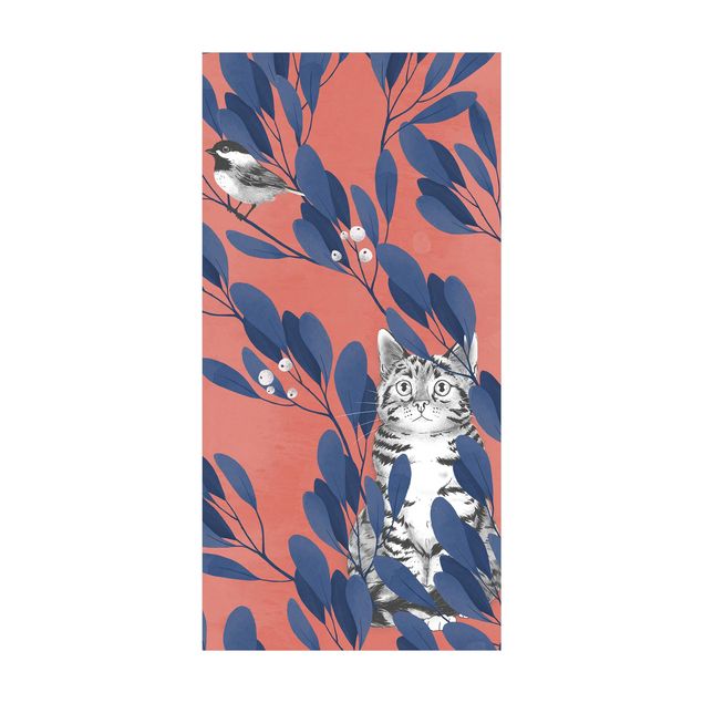 Modern rugs Illustration Cat and Bird On Branch Blue Red