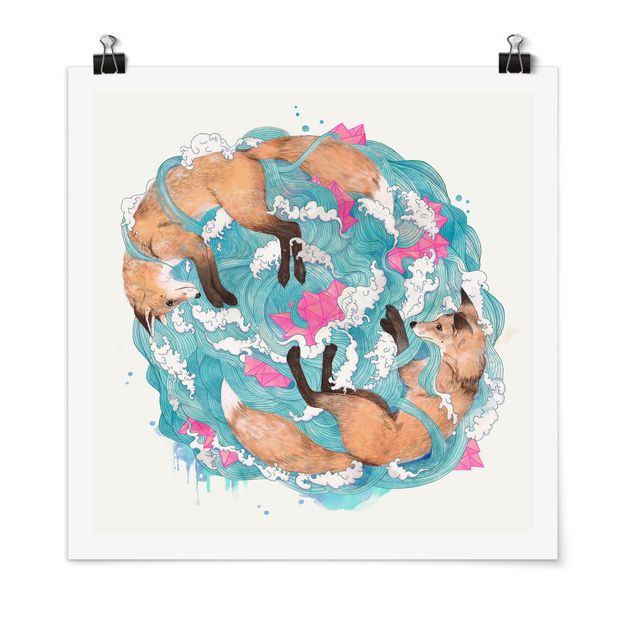 Animal canvas Illustration Foxes And Waves Painting
