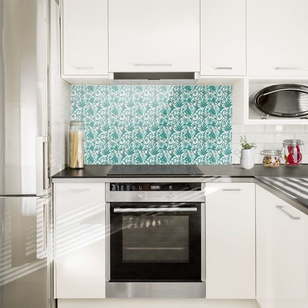 Glass splashback patterns Watercolour Hummingbird And Plant Silhouettes Pattern In Turquoise