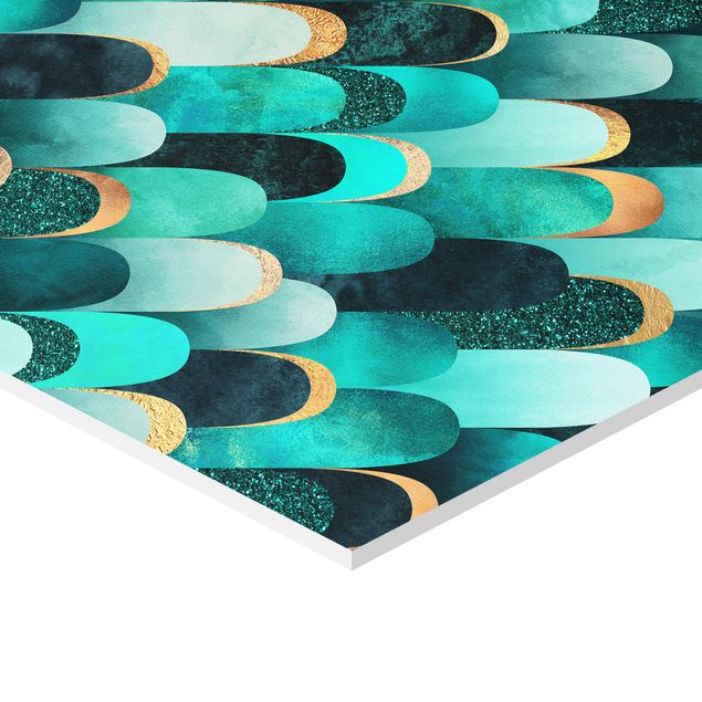 Hexagonal prints Feathers Gold Turquoise