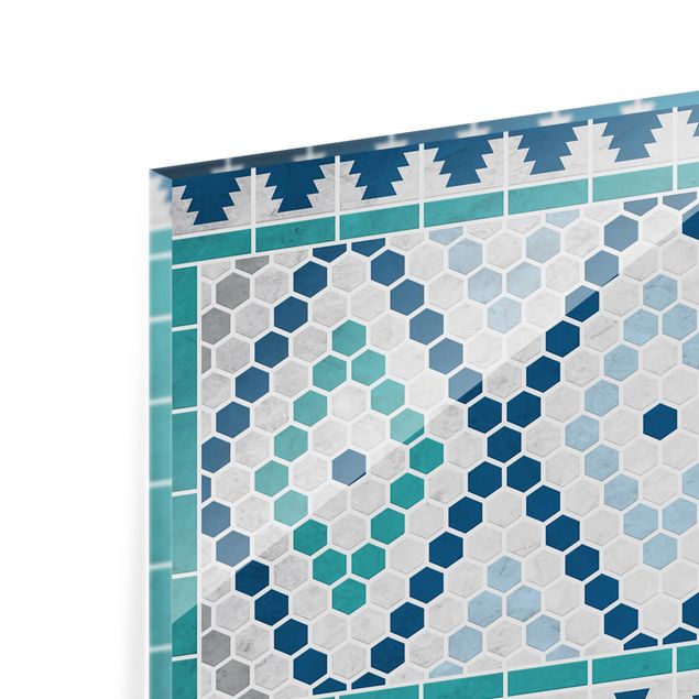Glass Splashback - Moroccan tile pattern turquoise blue - Panoramic