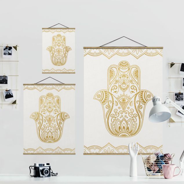 Fabric print with posters hangers Hamsa Hand Lotus OM Illustration Set Gold