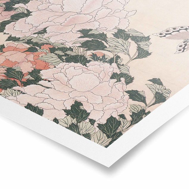 Posters art print Katsushika Hokusai - Pink Peonies With Butterfly