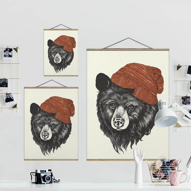 Prints black and white Illustration Bear With Red Cap Drawing