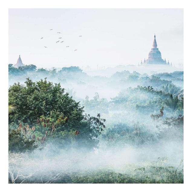 Glass splashbacks Morning Fog Over The Jungle Of Bagan
