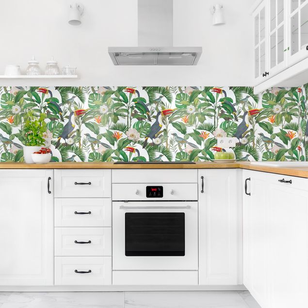 Kitchen splashback patterns Tropical Toucan With Monstera And Palm Leaves II