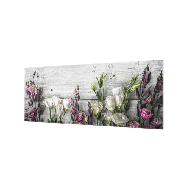 Glass Splashback - Tulip Rose Shabby Wood Look - Panoramic