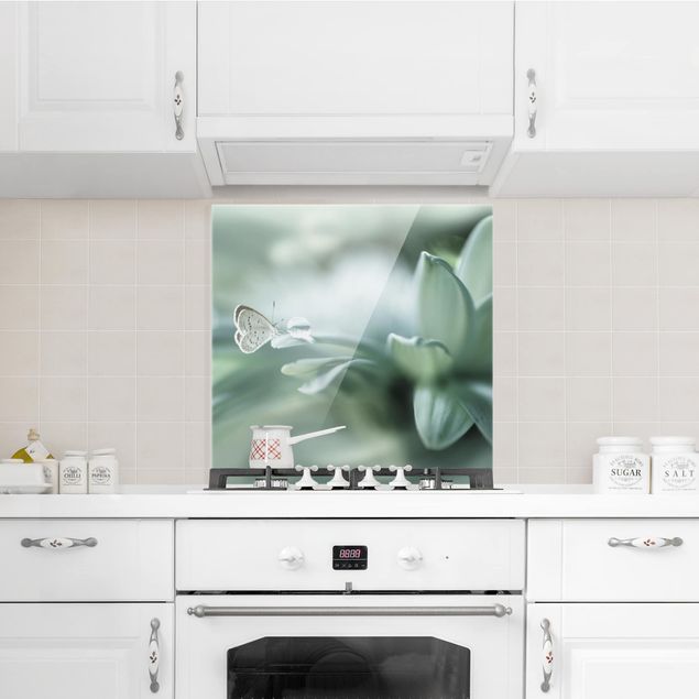 Glass splashback kitchen flower Butterfly And Dew Drops In Pastel Green
