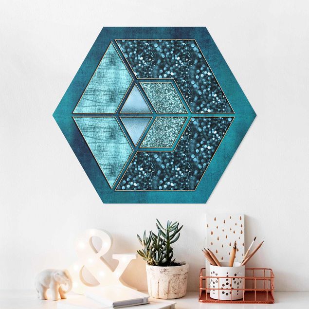 Kitchen Blue Hexagon With Gold Outline