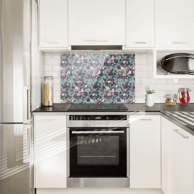 Glass splashback patterns Old Masters Flowers With Tulips And Roses On Blue