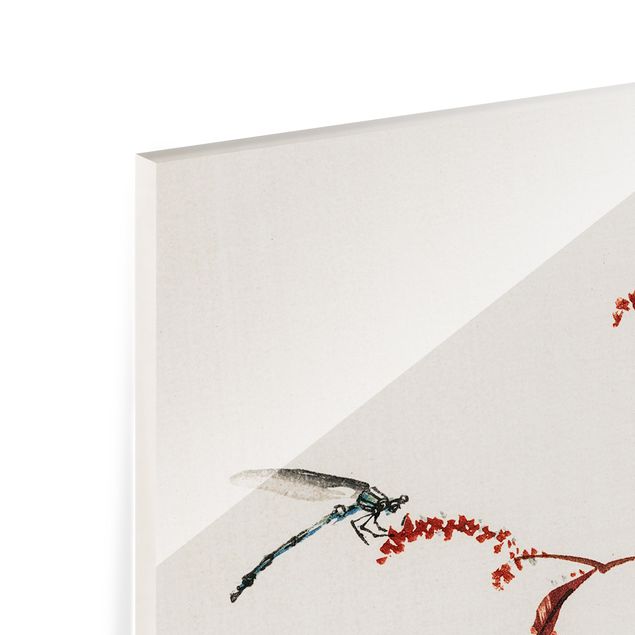 Glass Splashback - Asian Vintage Drawing Red Branch With Dragonfly - Landscape 1:2