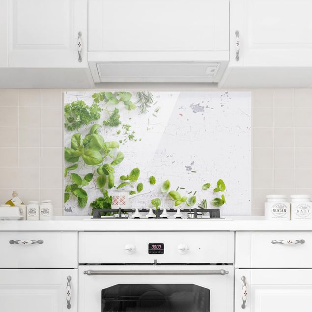 Glass splashback kitchen spices and herbs Herbs On Wooden Shabby