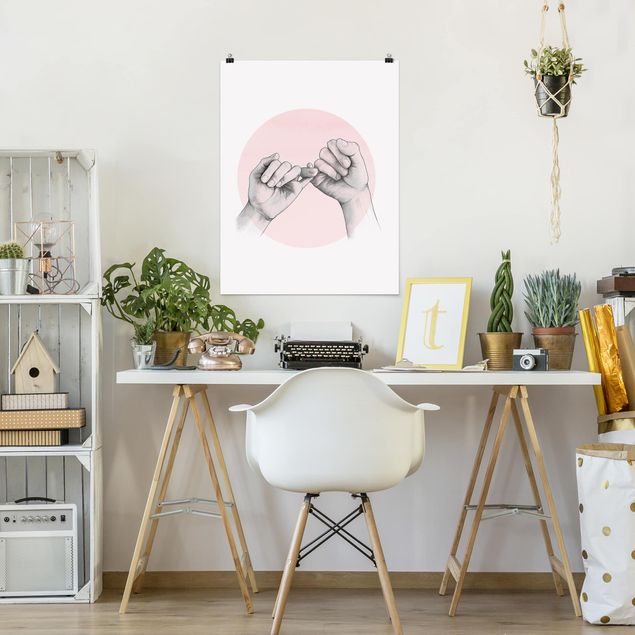 Posters art print Illustration Hands Friendship Circle Pink White
