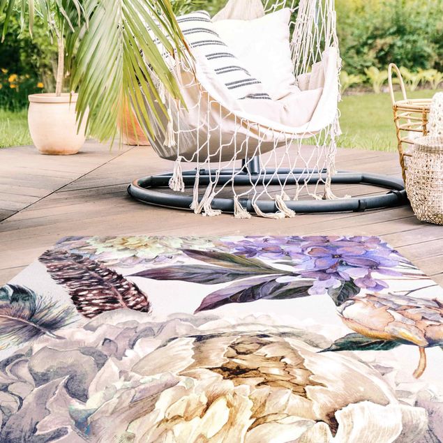 outdoor balcony rug Delicate Watercolour Boho Flowers And Feathers Pattern