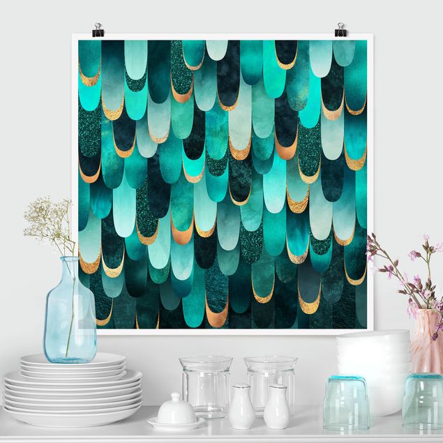 Art prints Feathers Gold Turquoise