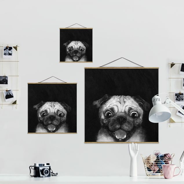 Prints black and white Illustration Dog Pug Painting On Black And White