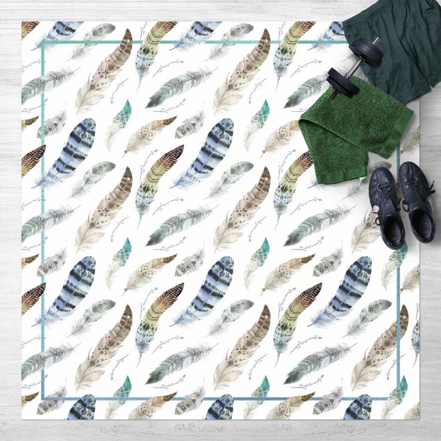 outdoor patio rugs Boho Watercolour Feathers In Earthy Colours With Frame