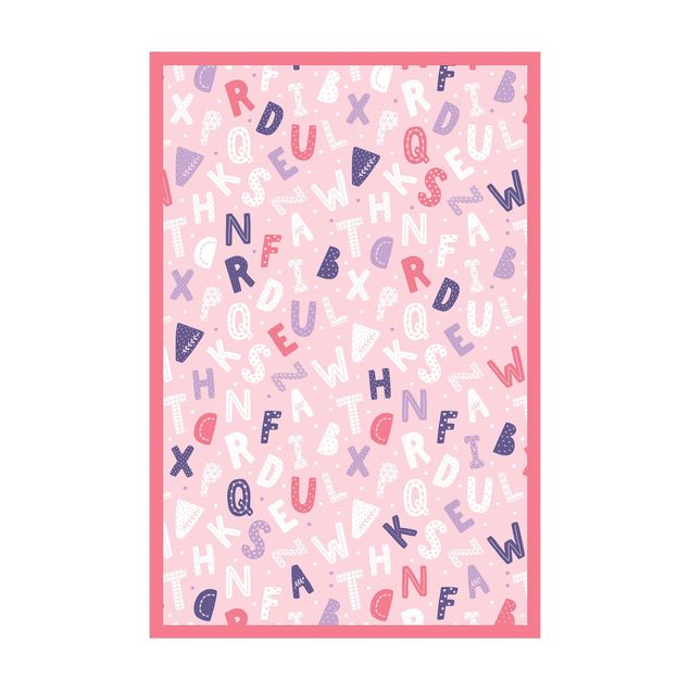 large floor mat Alphabet With Hearts And Dots In Light Pink With Frame